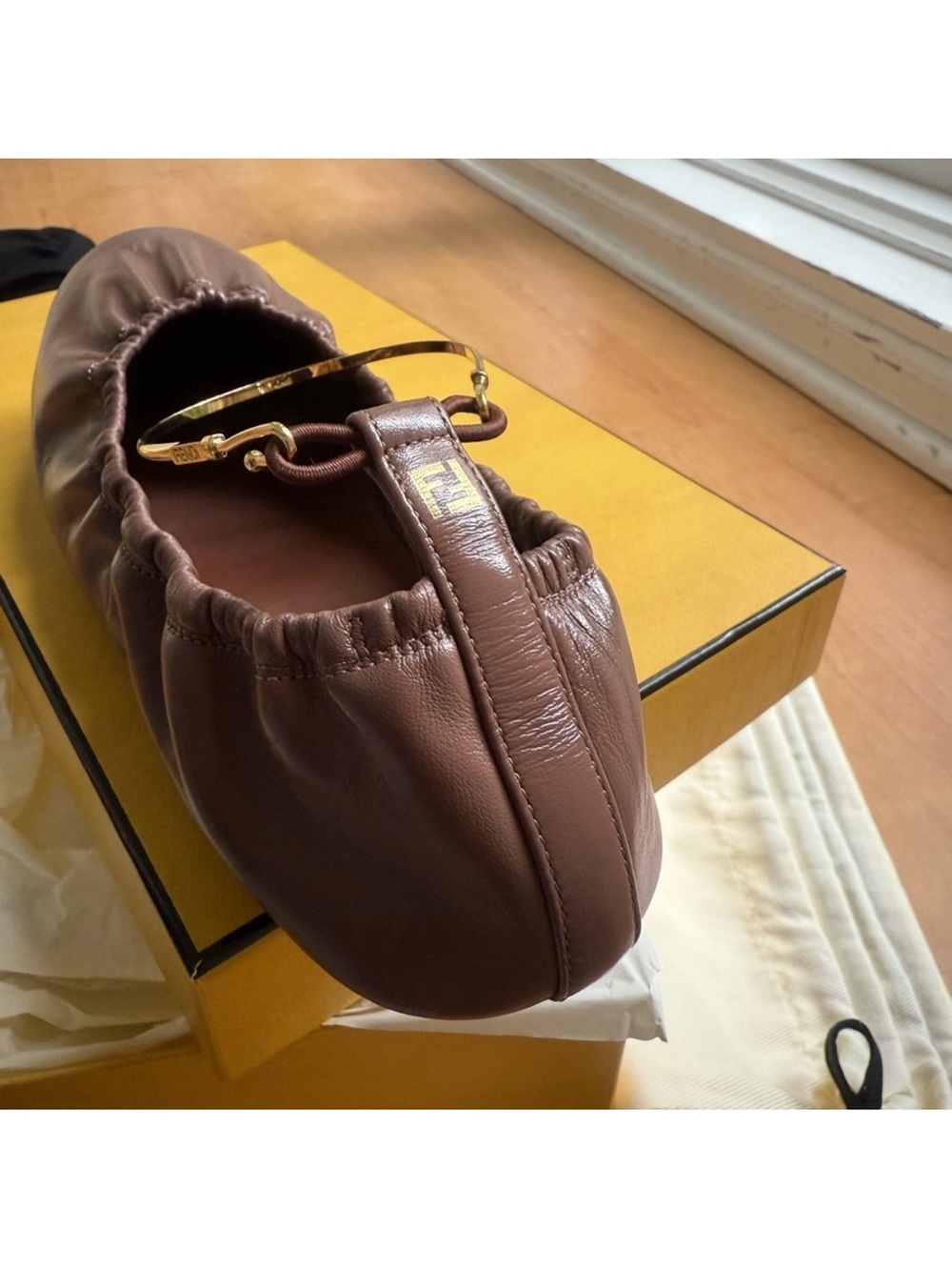Fendi Brown Leather Ballet Flat with Gold Anklet - Picture 3 of 6